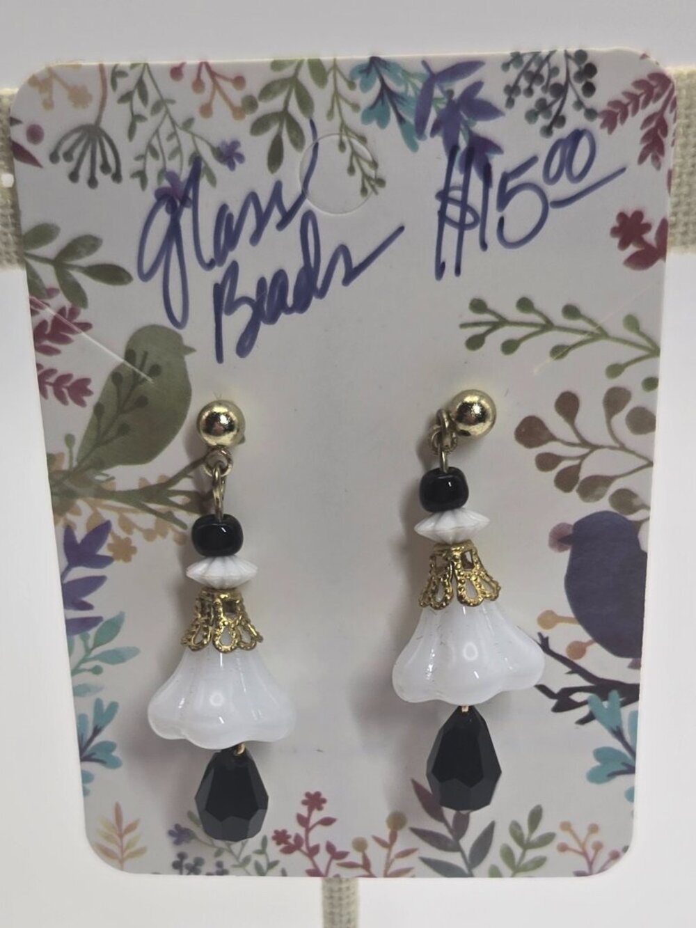 Gold Black & White Glass Bead Post Earrings Bell Shaped Floral & Lace Handmade